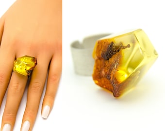 Amber Ring YELLOW BROWN Sterling Silver 925, Gift for her, modern, unique, handmade