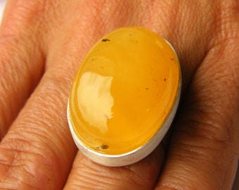 Amber Ring, Ovale shape, Yellow, sterling Silver rail,genuine amber, modern design, for her, giftbox, シルバー リング,New, UNIQUE - Handmade