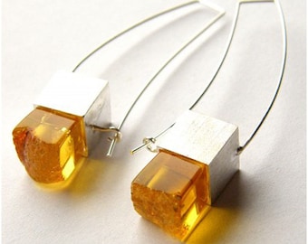 Transparent Amber Hanging Long Earrings, Silver Jewelry