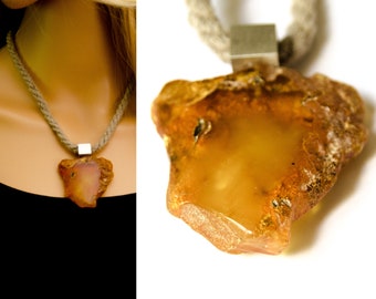 Amber Pendant, matte Silver 925, yellow, orange, genuine amberstone, modern design, for her, giftbox, linen rope,New,UNIQUE-Handmade