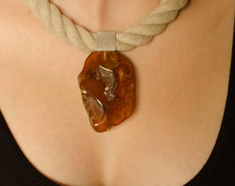 Amber Pendant, Silver 925, dark orange, cognac, genuine amberstone, modern design, for she, giftbox, chain, New, UNIQUE, 琥珀戒指, - Handmade