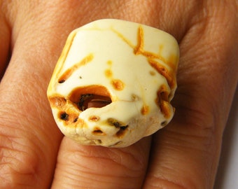 Amber Ring, WHITE yellow, sterling Silver rail, genuine amber, nuggets, modern design, for she, giftbox, New, UNIQUE - Handmade