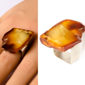 Amber Ring, COGNAG YELLOW sterling Silver rail, genuine amber, anillo ámbar, rav ring, bärnsten, barnsteen, Unique, 琥珀戒指, Handmade image 1