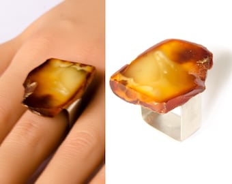 Amber Ring, COGNAG YELLOW sterling Silver rail, genuine amber, anillo ámbar, rav ring, bärnsten, barnsteen, Unique, 琥珀戒指, Handmade