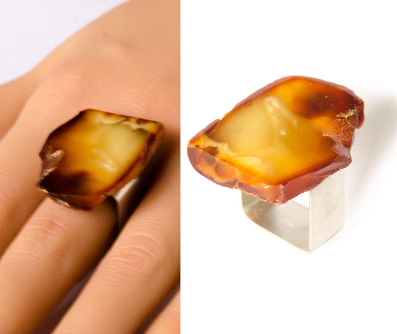 Amber Ring, COGNAG YELLOW sterling Silver rail, genuine amber, anillo ámbar, rav ring, bärnsten, barnsteen, Unique, 琥珀戒指, Handmade image 1