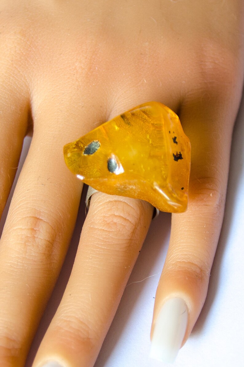 Baltic Amber Ring, Matte Sterling Silver, Square Yellow Gemstone image 2