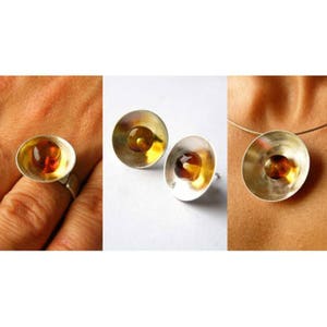 Pendientes de ámbar báltico y plata de ley 925, conjunto de cadena con colgante y anillo, ámbar, anillo,