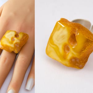 Unique Artistic Natural Baltic Amber Ring, Yellow Amber Ring, Amber And Sterling Silver, Adjustable Ring, Modern Amber Jewelry