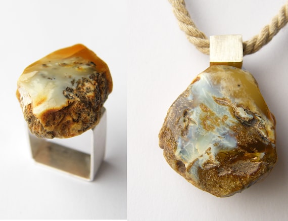 Jewelry Set, Blue Amber Pendant and Ring