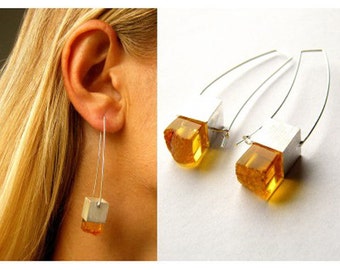Bernstein Ohrringe, echte Bernstein Ohrringe, CUBE, modernes Design, mattes Sterling Silber 925, Geschenkbox, NEU, UNIKAT- Handmade