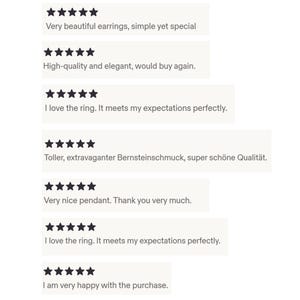 May include: Image featuring customer reviews with star ratings. Text includes phrases like "Very beautiful earrings, simple yet special" and "High-quality and elegant, would buy again." Additional reviews mention rings and pendants.