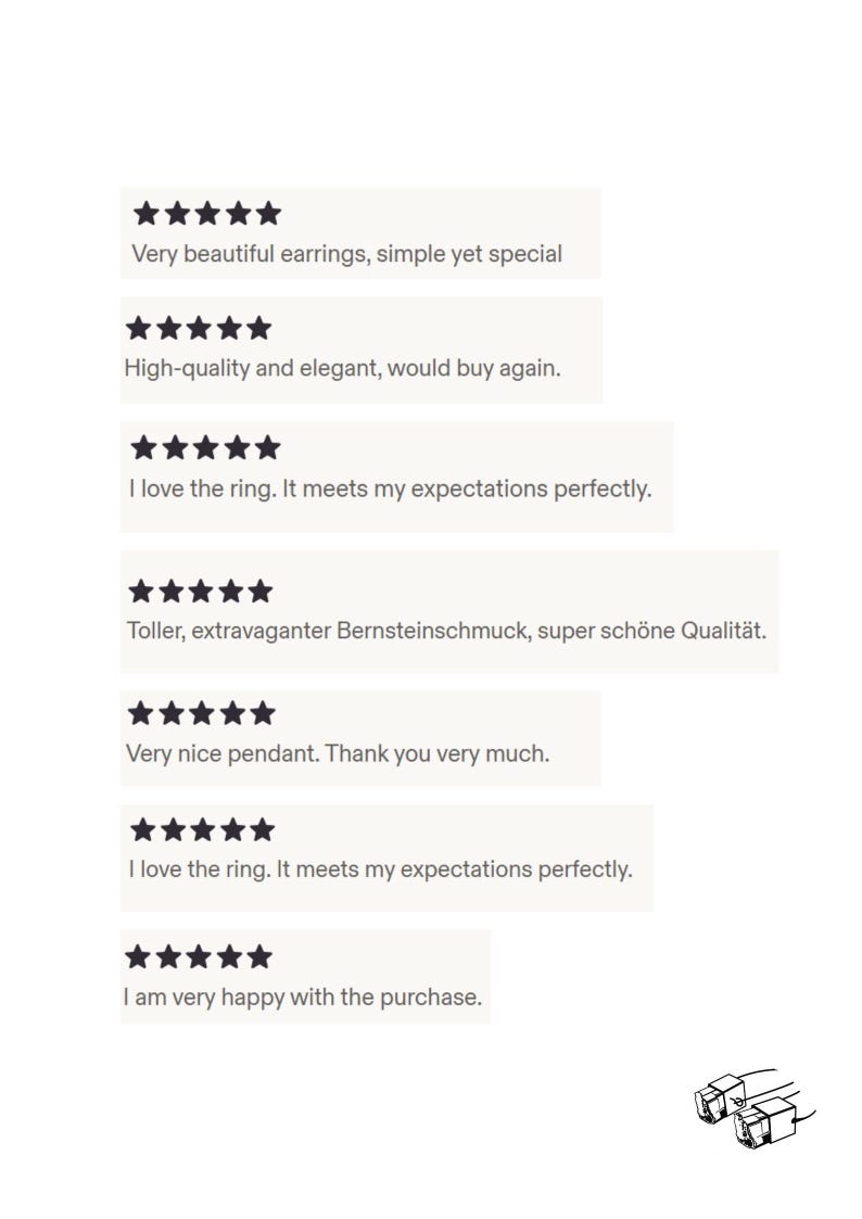 May include: Image featuring customer reviews with star ratings. Text includes phrases like "Very beautiful earrings, simple yet special" and "High-quality and elegant, would buy again." Additional reviews mention rings and pendants.