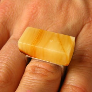 Ring, genuine Amber Ring matte Sterling Silver 925 rail, polished amber YELLOW,modern design, gift for she,giftbox, Amber Jewelry UNIQUE