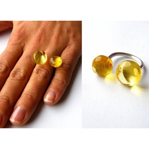 Ring, Amber Ring, EYES, sterling Silver 925, zitrone, transparent yellow, modern design, gift for she, giftbox, New -  UNIQUE- Handmade