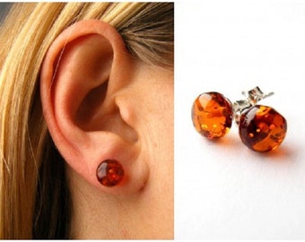 Cognac Baltic Amber Stud Earrings: Handmade Sterling Silver (9mm)