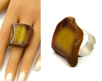 Amber Ring COGNAC, Yellow, matte sterling Silver 925  rail, genuine amber, modern design, for her, giftbox, シルバー リング, New, UNIQUE-