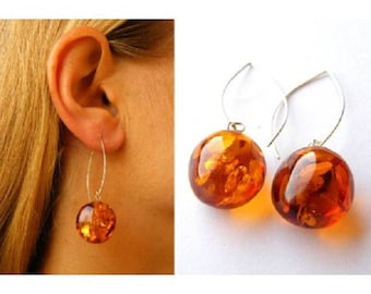 Cognac Baltic Amber Earrings, Sterling Silver, Handmade