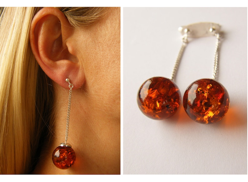 Amber Earrings Genuine Amber Earrings Ball Cognac Sterling Etsy