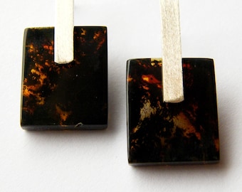 Baltic Amber Earrings, Black, Matte 925 Sterling Silver