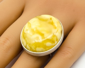 Bague en ambre de la Baltique laiteuse, en argent sterling 925 mat, ajustable