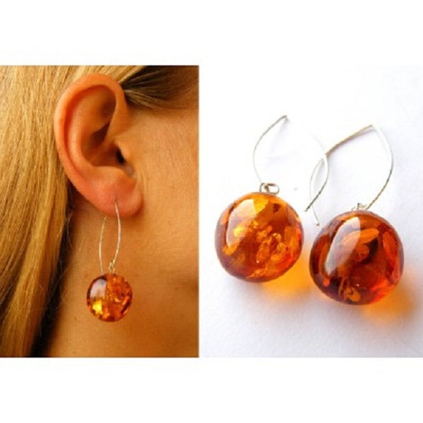 Boucles d’oreilles, Boucles d’oreilles ambrées, COGNAC, boule ambrée, perles d’ambre, moderne, pour femme, nouvelle mode, coffret cadeau, argent 925, NOUVEAU, UNIQUE- Fait main