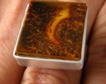 Amber Ring, BROWN GOLD, sterling Silver rail, genuine amber, anillo ámbar, rav ring, anel, ambre, bärnsten, barnsteen, Unique, Handmade