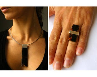 Baltischer Bernstein und Sterlingsilber 925, Anhänger mit Kette und Ringset, Bernstein, Anillo, Bernstein, modern, Unikat