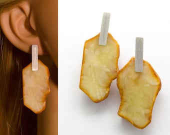 Natural Baltic Amber Long Earrings, Amber Dangle Earrings, Amber Modern Earrings, BEIGE Amber And Sterling Silver Earrings