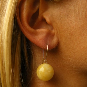 Handmade earrings yellow ball amber sterling silver