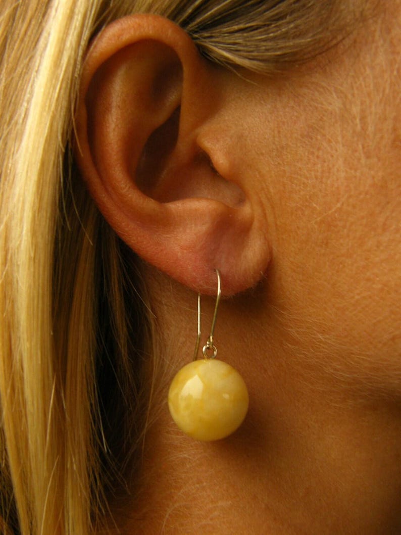 Handmade earrings yellow ball amber sterling silver
