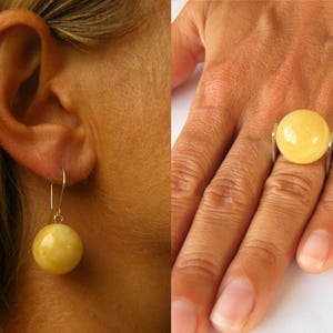 Baltic amber earrings and ring set, sterling silver 925, earrings and ring set, yellow, amber balls, bernstein, schmuck set, Unique