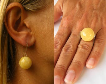 Baltic amber earrings and ring set, sterling silver 925, earrings and ring set, yellow, amber balls, bernstein, schmuck set, Unique