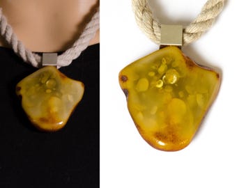 Amber Pendant with Polished Baltic Amberstone, Modern Design on Linen Rope Chain