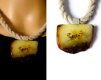 Pendentif, pendentif en ambre, argent 925, mosaïque, moderne, chaîne, corde, pierre d'ambre véritable NOUVEAU, UNIQUE
