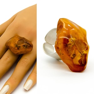 Amber Ring, baltic amber, YELLOW orange, sterling Silver, genuine amber, nuggets, modern design, for her, giftbox, New, UNIQUE-Handmade
