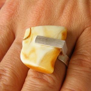 Amber Ring, matte Silver 925 rail, WHITE YELLOW, genuine baltic amberstone, modern, young design, for she, giftbox, handmade,  Unique NEW