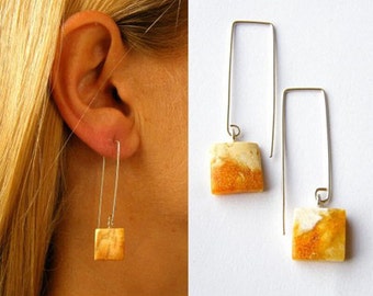 Earrings, genuine Amber earrings, natural amber, yellow,  polished, sterling Silver 925, NEW, modern design, gift for she, UNIQUE Handmade