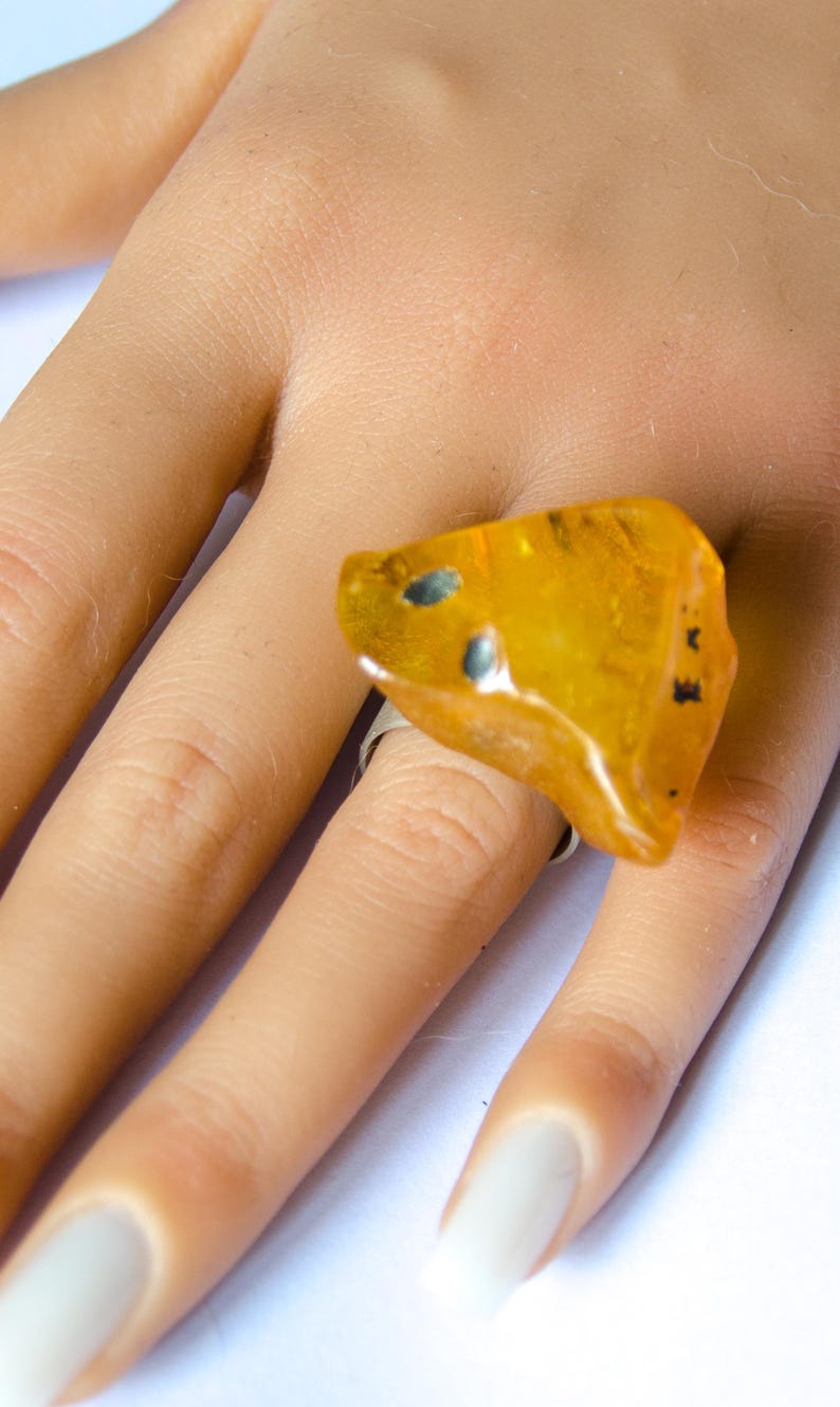 Baltic Amber Ring, Matte Sterling Silver, Square Yellow Gemstone image 3