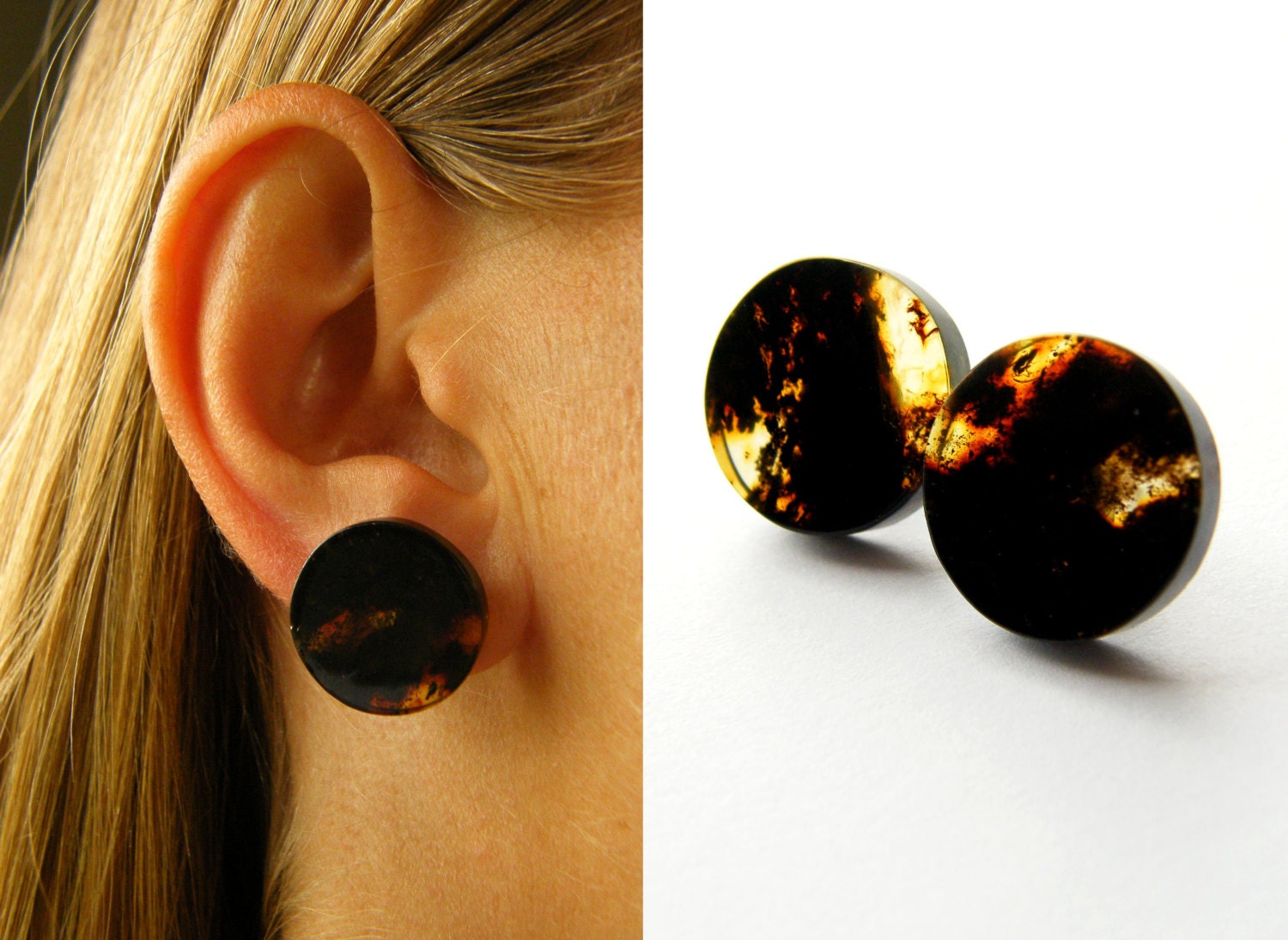 Earrings, Amber earrings, stud,  black, honey, sterling Silver 925 stud, modern, genuine amberstone, for she, giftbox, NEW, UNIQUE- Handmade