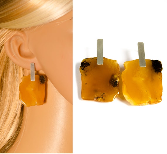 Earrings, Handmade Baltic  Mosaic YELOW Earrings genuie Amber matte Sterling Silver. Natural Polished Amber Jewelry