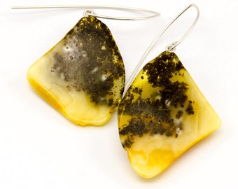 Silver 925 earrings, genuine amber, black yellow, Silver 925, nuggets, modern, young design, for her, giftbox, Bämsten, new, UNIQUE