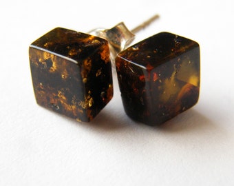 Earrings, genuine Amber earrings, stud, sterling Silver 925, black, modern young fashion, gift for she a. him, giftbox NEW, UNIQUE- Handmade