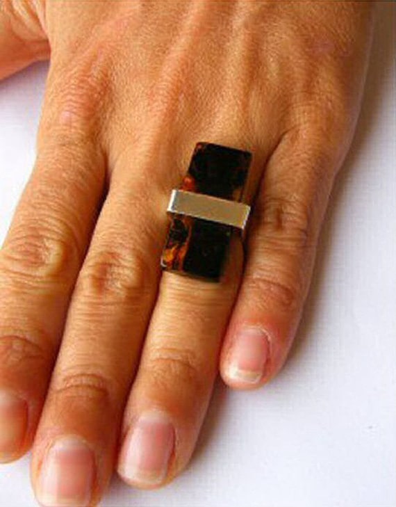 Amber Ring, genuine amberstone, polished Sterling Silver 925, black honey, modern, bämsten, for she, giftbox, Handmade,Neu, unique