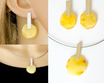 Amber SET Jewellery , Amber pendant, amber earrings, YELLOW genuine Amberstone, matte sterling silver, Bernsteinschmuck bärnsten, ambre, NEU
