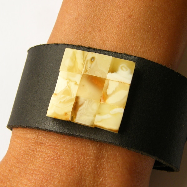 Amber bracelet, natural leather, black, genuine amberstone, yellownuance, polished, modern, for him or she, giftbox, NEW, UNIQUE Handmade