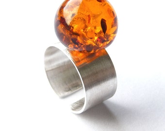 Adjustable Ring made of Natural Baltic Amber and Solid Silver