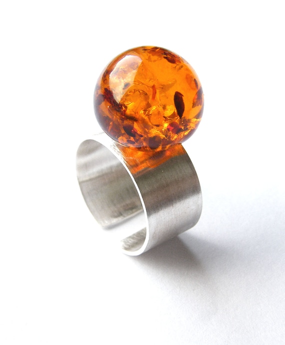 Ring, Bernsteinring Sterling Silber 925, Honig, KUGEL, cognac, modern, echter Bernstein, Schmuck UNIKAT