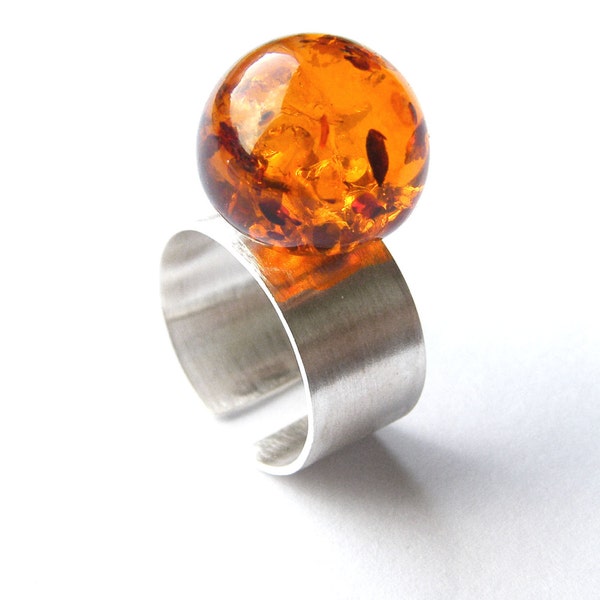 Ring,  Amber Ring Sterling Silver 925, Honey, BALL, cognac, modern, genuine Amber Jewelry UNIQUE