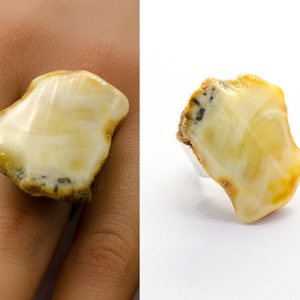 Amber Ring, genuine Amber, yellow, matte Sterling Silver 925 rail, for women, giftbox, handmade, シルバー リング unique, NEW
