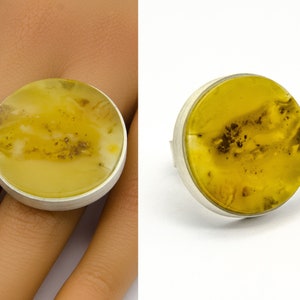 Amber Ring, yellow lime, matte sterling Silver rail,genuine amber,statement ring anillo ámbar,rav ring,anel, ambre, Handmade